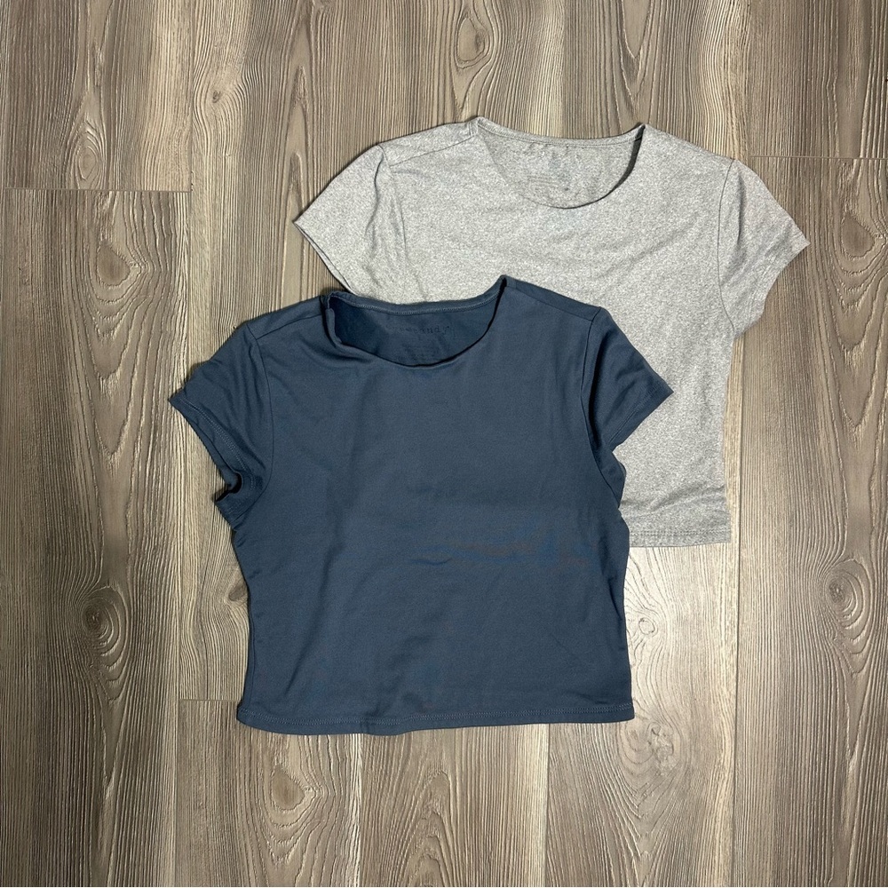 Eye Candy Fitted Cropped Tee Set Gray‎ & Navy Blue Short Sleeve Stretch L